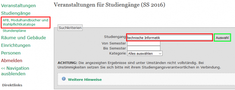 Aufrufen von Studiengängen