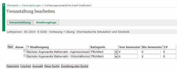 Die Bearbeitungsmaske "Studiengänge"
